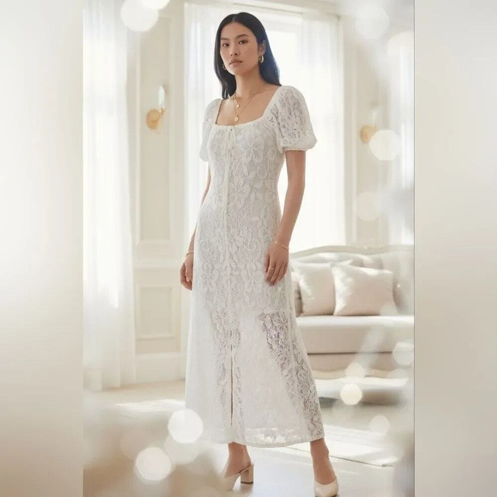 Zara White Floral Lace Knit Button Down Square Neck Puff Sleeves Midi Dress L